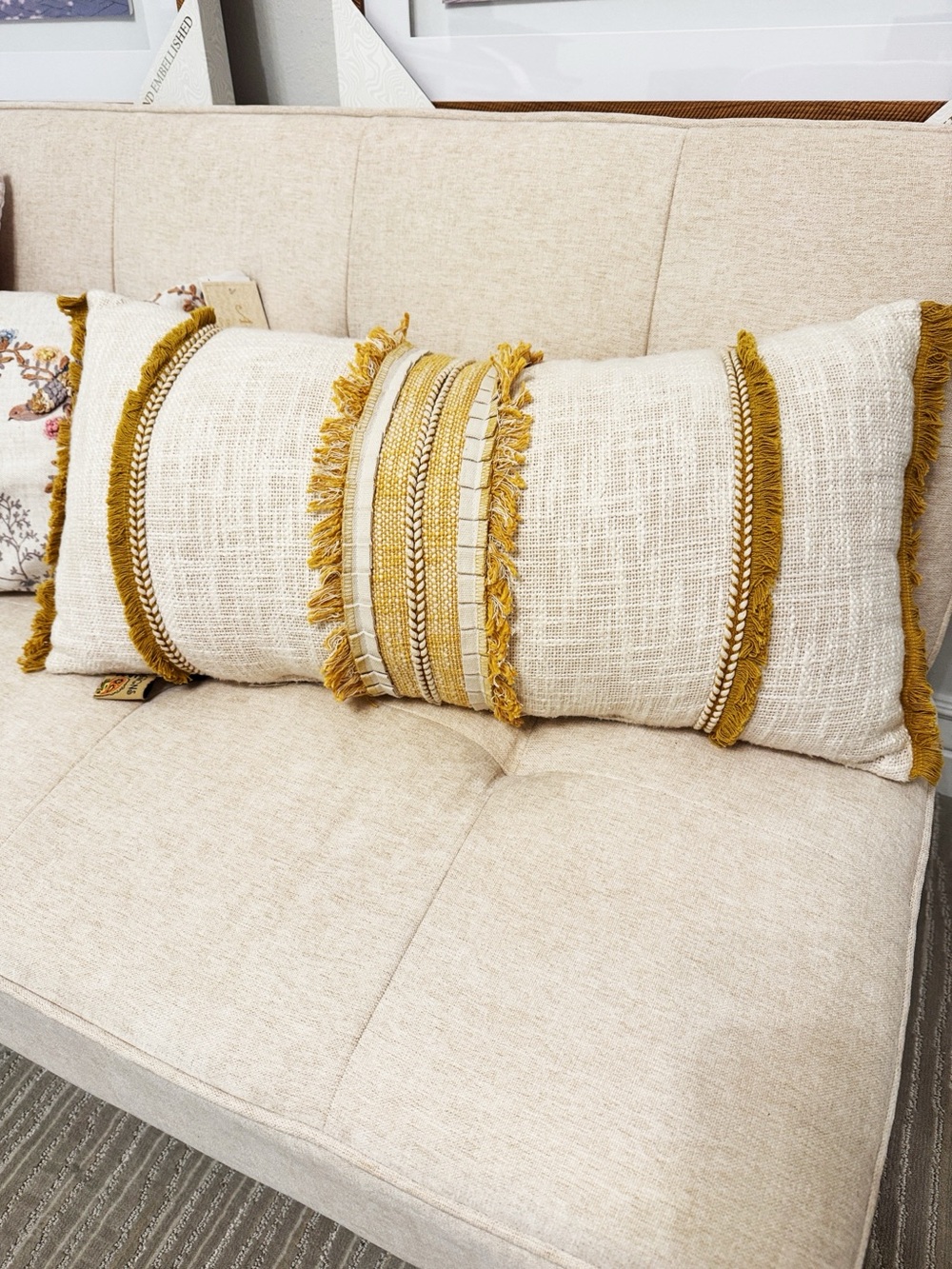 Decorative Pillow From Devi Designs Gold/yellow With Fringe Size 27”x12”